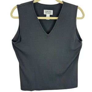 Chicos Design Vintage Black V-Neck Sleeveless Knit Shell Top Large Ribbed